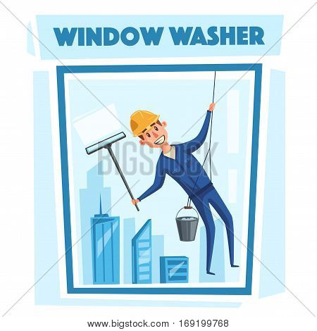 Professional worker cleaning windows. Cartoon vector illustration. Skyscraper cleaning service. Window washer is cleaning high building. Man with bucket of water and scraper.