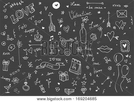 Hand drawn doodles, cartoon set of Love and Valentines day objects and symbols. Vector illustration