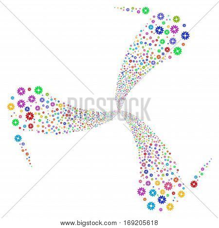 Cogwheel fireworks swirl rotation. Vector illustration style is flat bright multicolored iconic symbols on a white background. Object spiral done from random design elements.
