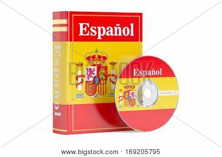 Spanish book with flag of Spain and CD disk 3D rendering isolated on white background