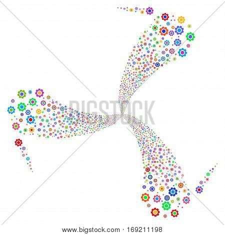 Gear fireworks swirl rotation. Vector illustration style is flat bright multicolored iconic symbols on a white background. Object twirl made from random pictographs.