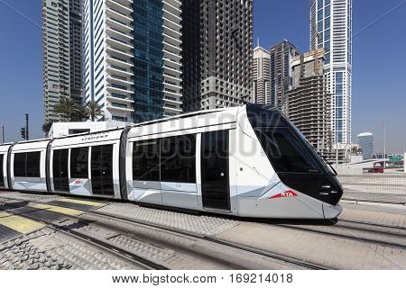 DUBAI UAE - DEC 5 2016: Modern trolley car at the new tram service in the city of Dubai. United Arab Emirates Middle East