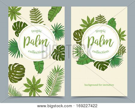 Floral tropical banners with isolated palm leafs hand drawn in sketch style. Design for invitation wedding or greeting cards and print. Vector illustration.