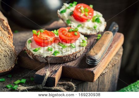 Tasty Sandwich With Fromage Cheese, Cherry Tomatoes And Chive