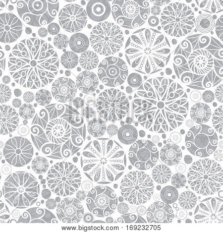 Vector Sliver Grey Abstract Doodle Circles Seamless Pattern Background. Great for elegant gold texture fabric, cards, wedding invitations, wallpaper. Surface pattern design.