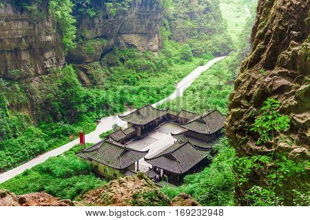 Antique Chinese historical tavern in the woods without people Wulong National Park Chongqing China