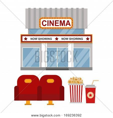 Cinema building facade flat style. Movie theater entertainment film exterior house sign. Night vintage design signboard landmark entrance. Premiere life deco performance.