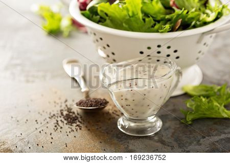 Poppy seed salad dressing or sauce in a glass dish with green salad leaves in the background