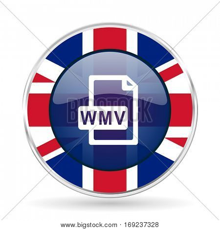 wmv file british design icon - round silver metallic border button with Great Britain flag. 