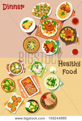 Meat dishes with snacks icon set of hamburger, meat pie, pork shank with vegetables, pancake with ham, baked chicken, potato salads with sausage and fish, eggplant sandwich, pork roll, liver pate