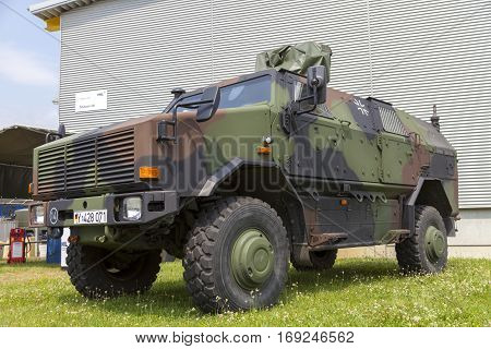 BURG / GERMANY - JUNE 25 2016: german armored military infantry mobility vehicle ATF Dingo stands on open day in barrack burg / germany at june 25 2016