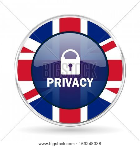 privacy british design icon - round silver metallic border button with Great Britain flag