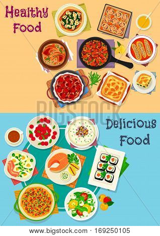 Healthy food icon set of vegetable salad with cheese, egg and ham, chicken and vegetable pies, sushi roll, salmon steak, meat stew and paella, mushroom cream soup, cheesecake, pumpkin omelette