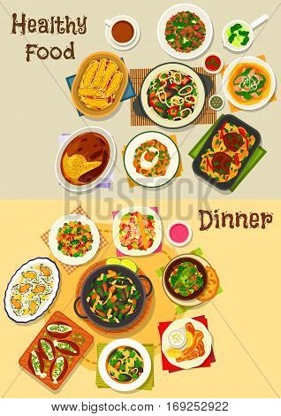 Dinner menu icon with seafood soup, mussels with vegetables, pasta and wine sauce, shrimp, tomato and carrot salads, baked potato dishes with cheese and bacon, eggs with fish, meatball, fruit pudding