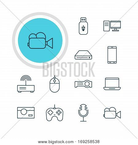 Vector Illustration Of 12 Hardware Icons. Editable Pack Of PC, Joypad, Modem And Other Elements.