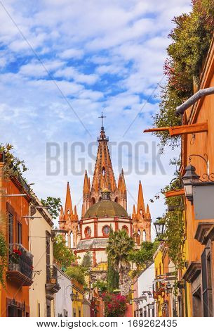 Aldama Street Parroquia Archangel church Dome Steeple San Miguel de Allende Mexico. Parroaguia created in 1600s.