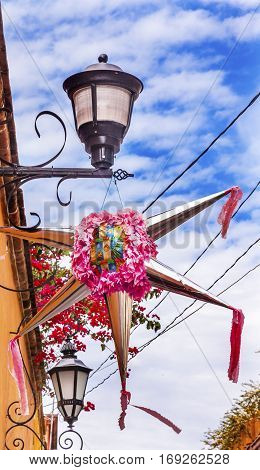 Pink Christmas Pinata Decoration Street Lamps Bougainvillea Aldama Street San Miiguel de Allende Mexico