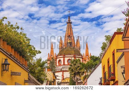 Aldama Street Parroquia Archangel church Dome Steeple San Miguel de Allende Mexico. Parroaguia created in 1600s.