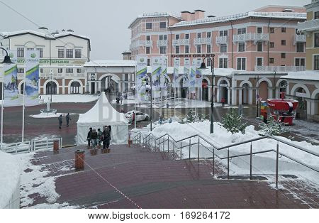 Sochi, Russia - January 21, 2017: Upper Gorky Gorod - all-season resort town 960 meters above sea level in the village of Krasnaya Polyana