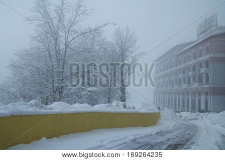 Sochi, Russia - January 21, 2017: Rixos Krasnaya Polyana Sochi in Upper Gorky Gorod - all-season resort town 960 meters above sea level in the village of Krasnaya Polyana