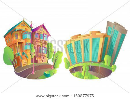 Vector illustration of buildings in the city and in the province. The old Victorian house and the new modern high-rise buildings. Bright Isolated Houses in cartoon style with a piece of street.