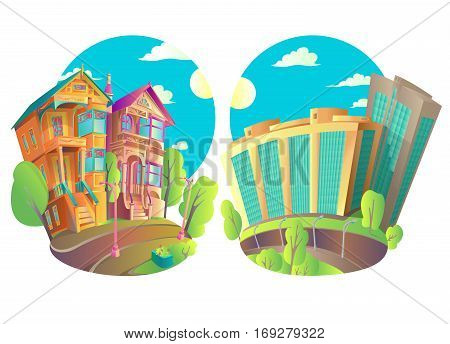 Vector illustration of buildings in the city and in the province or a small town. The old Victorian house and the new modern high-rise buildings. Bright Isolated Houses in cartoon style with a piece of street. Above the houses blue sky sun and clouds.
