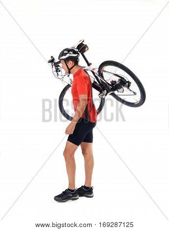 A cycler carring a mountain bike on white background