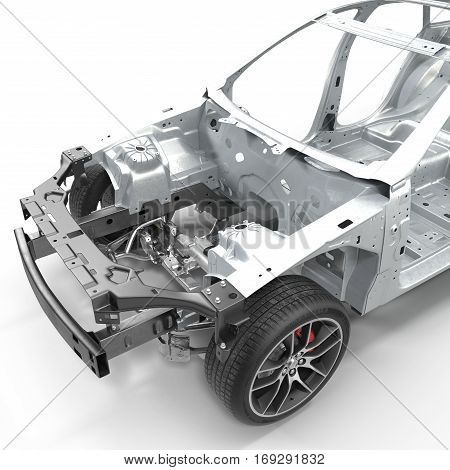 Skeleton of a car with Chassis on white background. 3D illustration