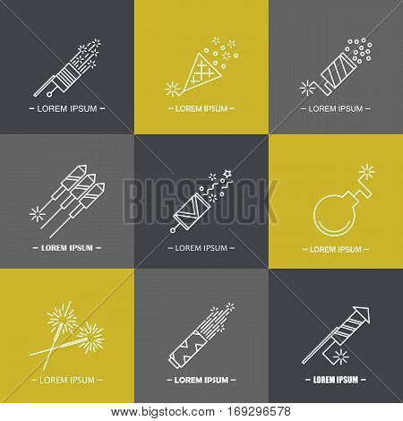 Vector pyrotechnic logo icons. Firework badge elements. Line petard salute illustration. Firecracker set. Business identity. Cartoon emblem flat pictogram. Show spark symbols