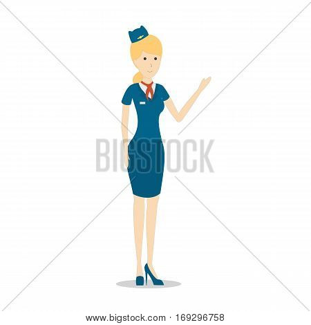 Isolated flight attendant on white background. Beautiful female stewardess in blue uniform gesturing.
