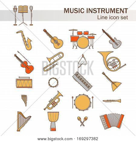 Musical colorful instruments icons set isolated. Vector classic element illustration. Saxophone cello horn guitar piano harp and others silhouette collection. Modern line style.