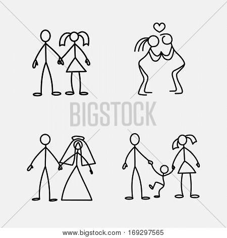 Cartoon icons set of sketch little vector people in cute miniature scenes.