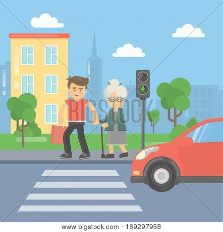 Helping old lady. Man helps an old lady to cross the road and held the bags.
