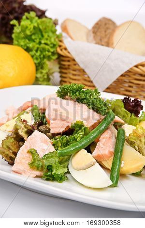 Salmon salad with asparagus on a white plate with fresh herbs
