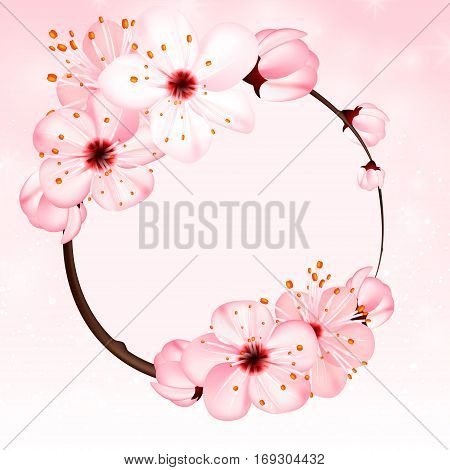 Spring background with pink blossom flowers. Vector 3d illustration. Beautiful vernal floral banner, poster, flyer. Springtime blooming apple tree. close up of branch, petal over rose bokeh backdrop