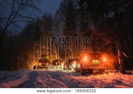 Karelia, Russia - February 04, 2017 . Off-road tour in Karelia. Expedition off-road in the winter forest