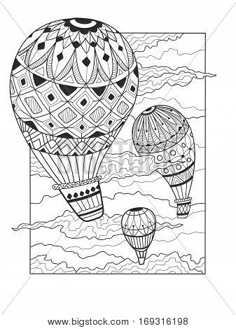 Aeronautic balloon coloring book vector illustration. Coloring for adult. Black and white lines. Lace pattern