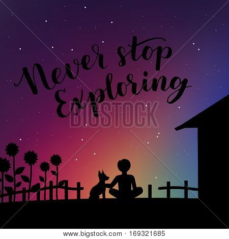 Vector Motivational Illustration With Handwritten Lettering Never Stop Exploring. Inspirational Hips