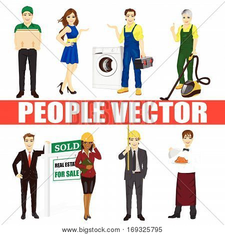 Set of diverse people. Various professions. Courier, fair hostesses, repairman, vacuum cleaner, real estate agent, architect, waiter, maid