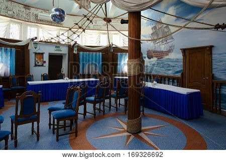 MOGILEV BELARUS - APRIL 24 2015: Interior of banquet hall of restaurant 