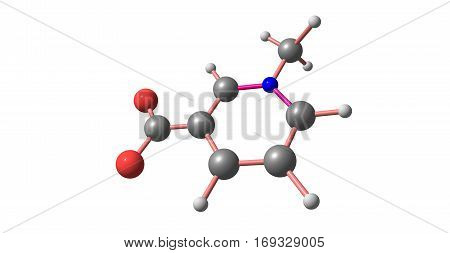 Trigonelline is an alkaloid with chemical formula C7H7NO2. It is a zwitterion formed by the methylation of the nitrogen atom of niacin or vitamin B3. 3d illustration