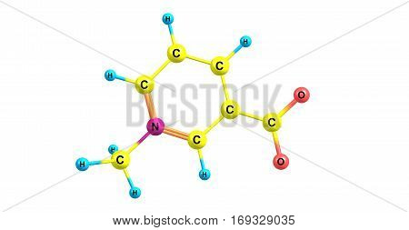 Trigonelline is an alkaloid with chemical formula C7H7NO2. It is a zwitterion formed by the methylation of the nitrogen atom of niacin or vitamin B3. 3d illustration