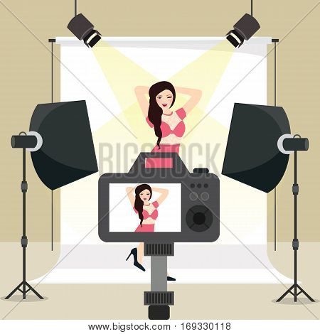 photo session in studio girl shoot behind camera equipment strobe background lighting vector