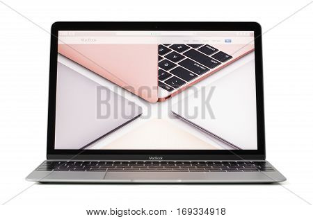 RIGA LATVIA - February 06 2017: 12-inch Macbook laptop computer in different colors on screen.