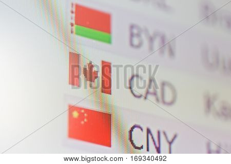 finance, currency and money concept - digital display with exchange rates on screen