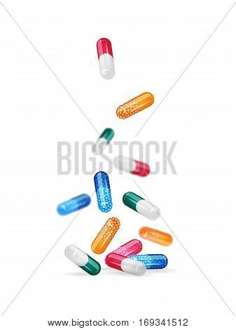 Vector illustration. Medical backdrop. Falling colorful capsule with granules on white background, vitamins. Design for poster, banner, business cards for the clinic. 3D