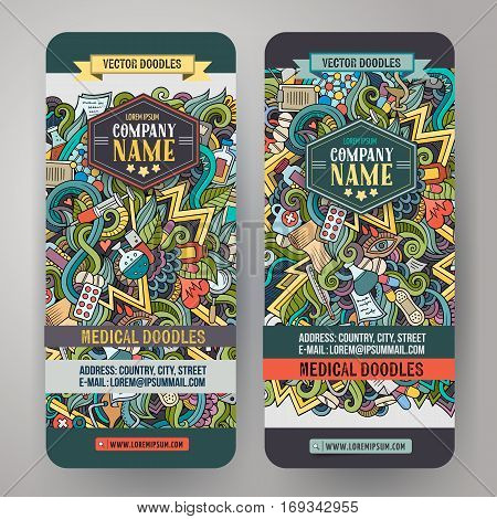 Cartoon cute colorful vector hand drawn doodles Medical corporate identity. 2 verical banners design. Templates set