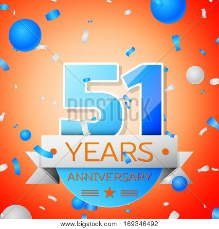 Fifty one years anniversary celebration on orange background. Anniversary ribbon