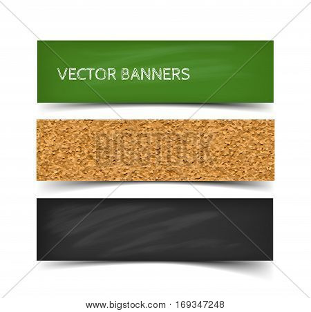 School board banner set. Realistic vector illustration of greenboard, blackboard and corkboard with chalk. Web banners with shadow isolated on white background.