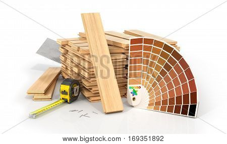 Stack of parquet. Timberwork lumber work and woodwork industry concept: stacks of wooden timber planks on the white background. 3d illustration